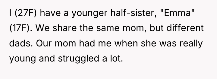 I (27F) have a younger half-sister, "Emma" (17F). We share...