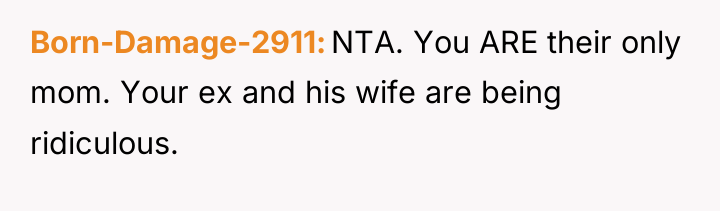 Born-Damage-2911 NTA. You ARE their only mom. Your ex and...