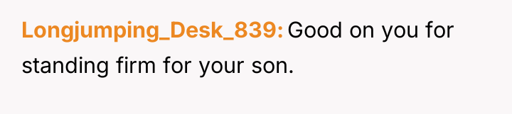 Longjumping_Desk_839 Good on you for standing firm for your son.