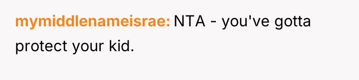 mymiddlenameisrae NTA - you've gotta protect your kid.