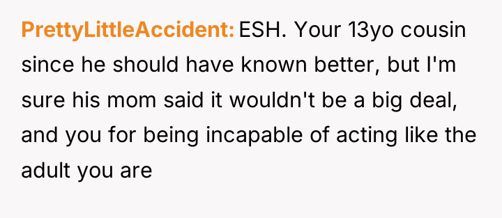 PrettyLittleAccident ESH. Your 13yo cousin since he should have known...
