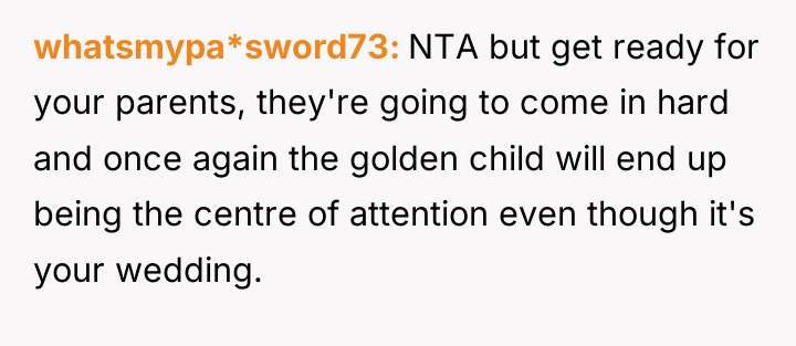 whatsmypa*sword73 NTA but get ready for your parents, they're going...