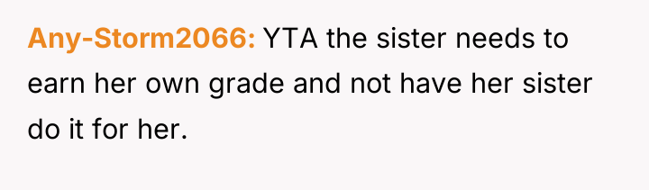 Any-Storm2066 YTA the sister needs to earn her own grade...