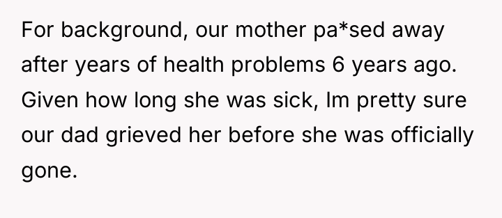 For background, our mother pa*sed away after years of health...