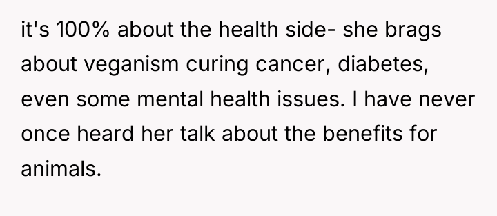 it's 100% about the health side- she brags about veganism...