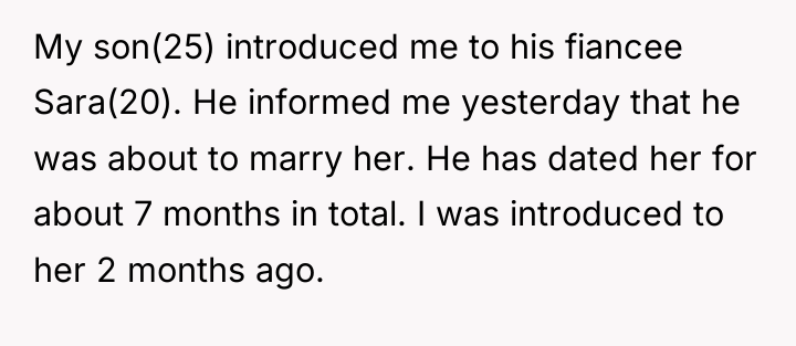 My son(25) introduced me to his fiancee Sara(20). He informed...
