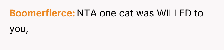 Boomerfierce NTA one cat was WILLED to you,