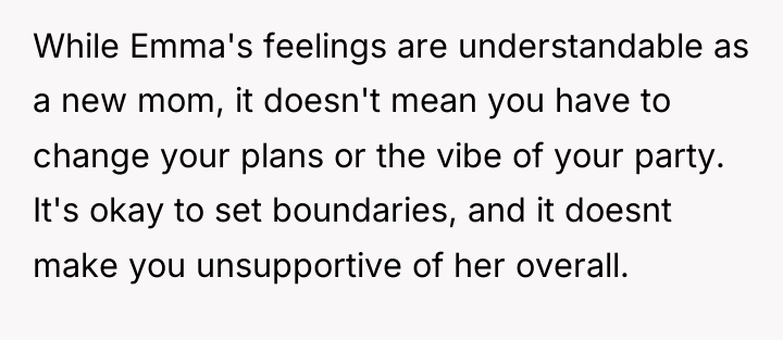 While Emma's feelings are understandable as a new mom, it...