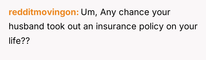 redditmovingon Um, Any chance your husband took out an insurance...