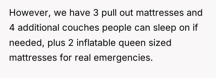 However, we have 3 pull out mattresses and 4 additional...