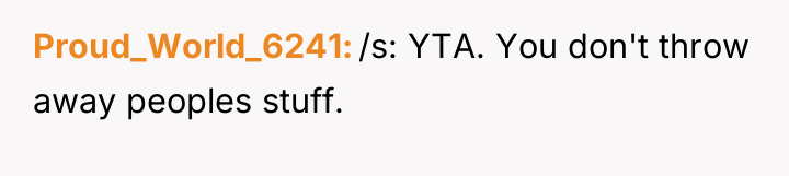 Proud_World_6241 /s: YTA. You don't throw away peoples stuff.