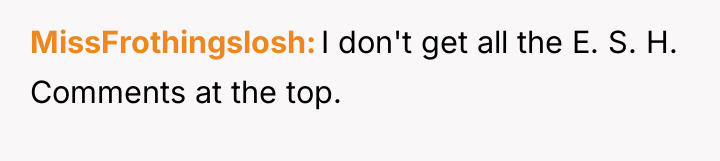 MissFrothingslosh I don't get all the E. S. H. Comments...