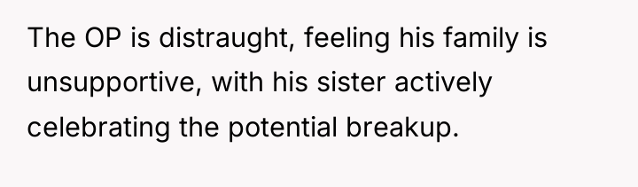 The OP is distraught, feeling his family is unsupportive, with...