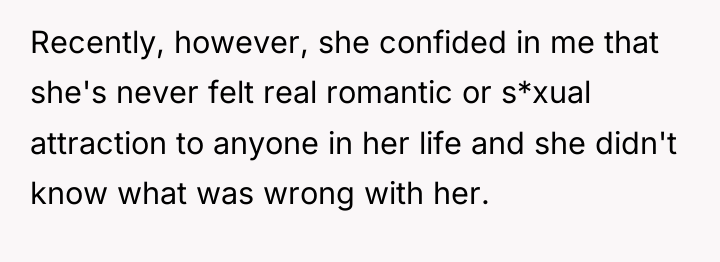 Recently, however, she confided in me that she's never felt...