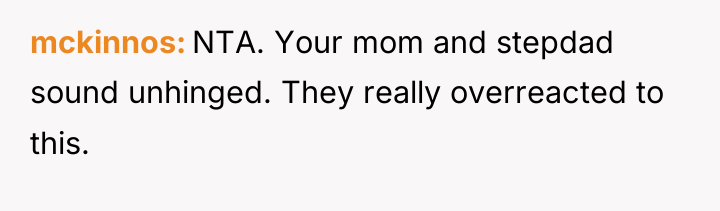 mckinnos NTA. Your mom and stepdad sound unhinged. They really...
