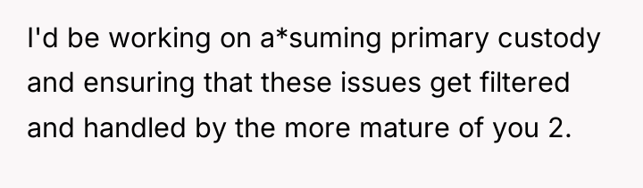 I'd be working on a*suming primary custody and ensuring that...