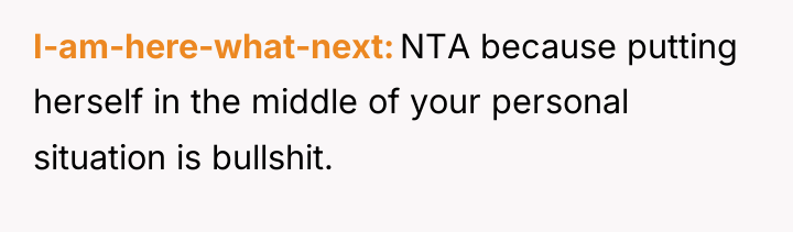 I-am-here-what-next NTA because putting herself in the middle of your...
