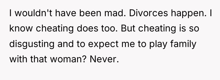 I wouldn't have been mad. Divorces happen. I know cheating...