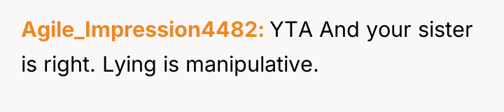 Agile_Impression4482 YTA And your sister is right. Lying is manipulative.