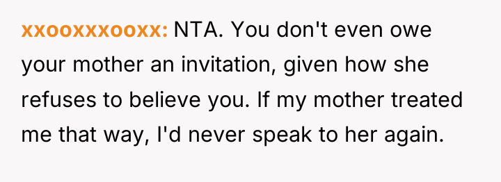 xxooxxxooxx NTA. You don't even owe your mother an invitation,...