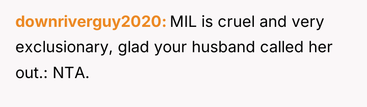 downriverguy2020 MIL is cruel and very exclusionary, glad your husband...