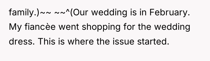 family.)~~ ~~^(Our wedding is in February. My fiancèe went shopping...