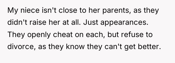 My niece isn't close to her parents, as they didn't...