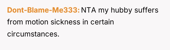 Dont-Blame-Me333 NTA my hubby suffers from motion sickness in certain...