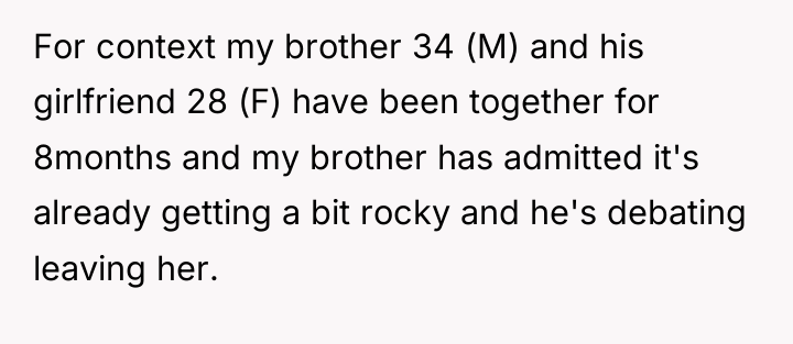 For context my brother 34 (M) and his girlfriend 28...