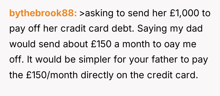 bythebrook88 >asking to send her £1,000 to pay off her...