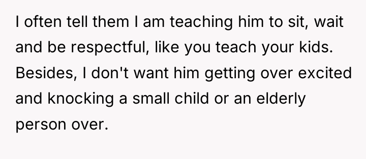 I often tell them I am teaching him to sit,...