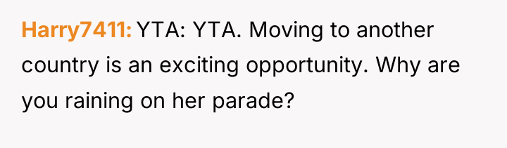 Harry7411 YTA: YTA. Moving to another country is an exciting...