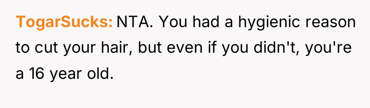 TogarSucks NTA. You had a hygienic reason to cut your...