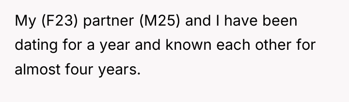 My (F23) partner (M25) and I have been dating for...