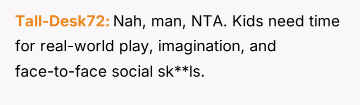 Tall-Desk72 Nah, man, NTA. Kids need time for real-world play,...