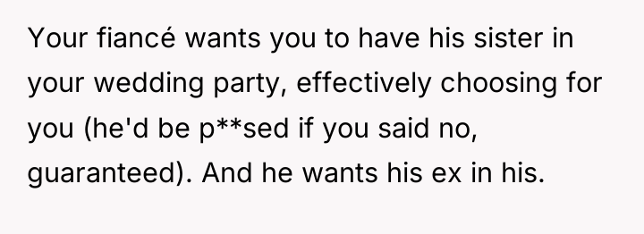 Your fiancé wants you to have his sister in your...