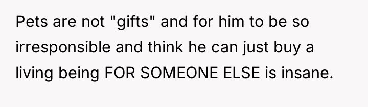 Pets are not "gifts" and for him to be so...