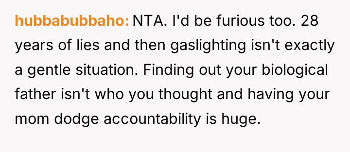 hubbabubbaho NTA. I'd be furious too. 28 years of lies...
