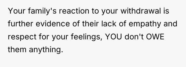 Your family's reaction to your withdrawal is further evidence of...