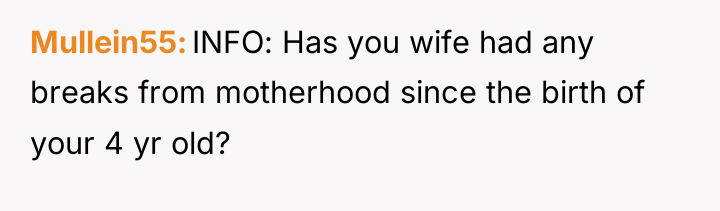 Mullein55 INFO: Has you wife had any breaks from motherhood...