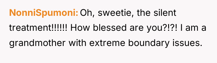NonniSpumoni Oh, sweetie, the silent treatment!!!!!! How blessed are you?!?!...