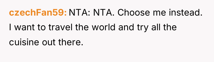 czechFan59 NTA: NTA. Choose me instead. I want to travel...