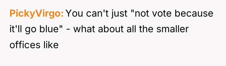 PickyVirgo You can't just "not vote because it'll go blue"...
