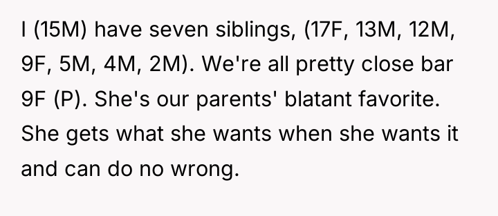 I (15M) have seven siblings, (17F, 13M, 12M, 9F, 5M,...