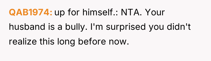 QAB1974 up for himself.: NTA. Your husband is a bully....