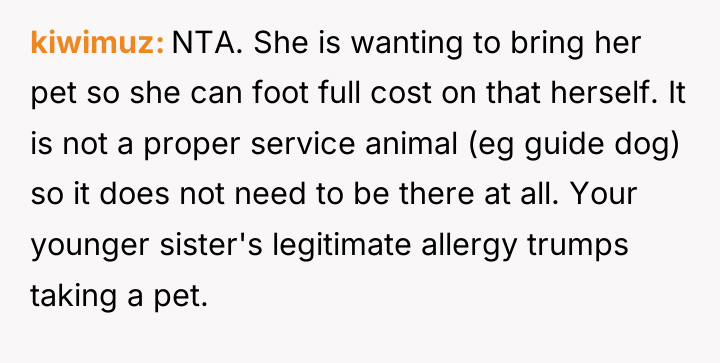 kiwimuz NTA. She is wanting to bring her pet so...