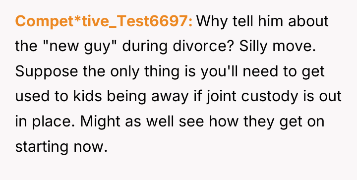 Compet*tive_Test6697 Why tell him about the "new guy" during divorce?...