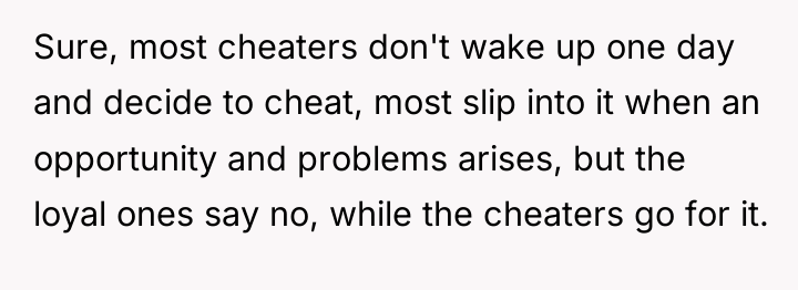 Sure, most cheaters don't wake up one day and decide...