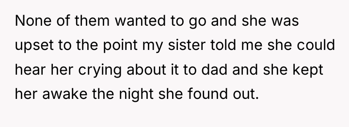 None of them wanted to go and she was upset...