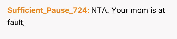 Sufficient_Pause_724 NTA. Your mom is at fault,